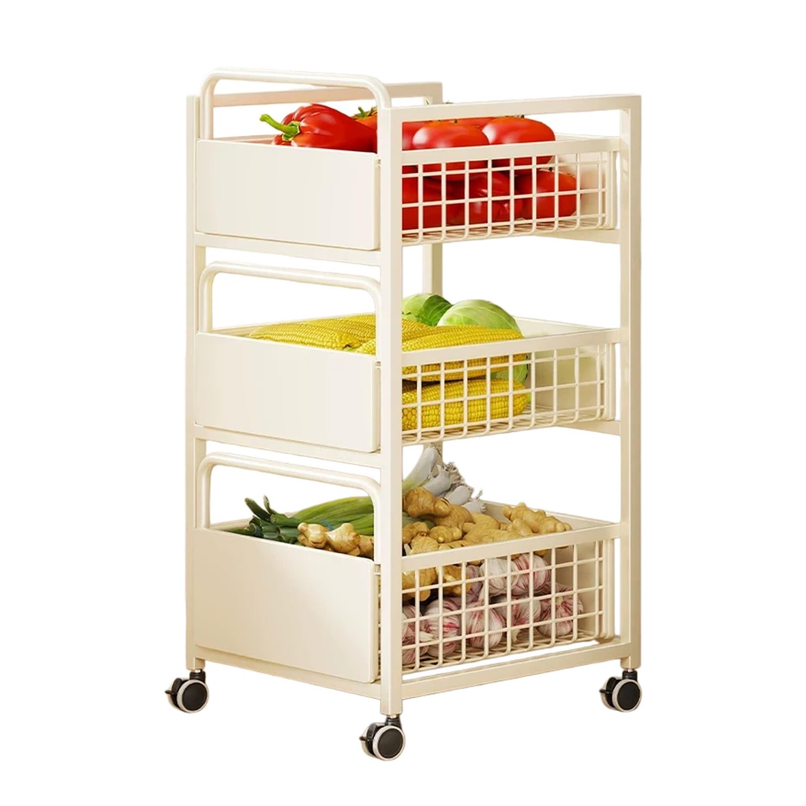 Ljhfg63kuyt White Multi-Purpose Rolling Kitchen Storage Cart 3-Tier Vegetable And Fruit Basket Organizer Shelf(White)