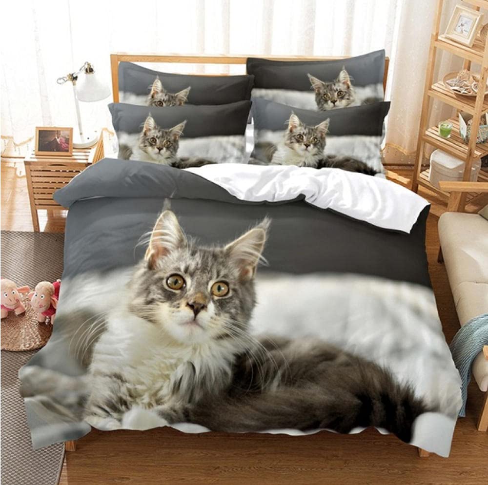 Parure De Lit 3 Pièces 240x260 Cm – Imprimé Chat Maine Coon Gris, Microfibre Douce