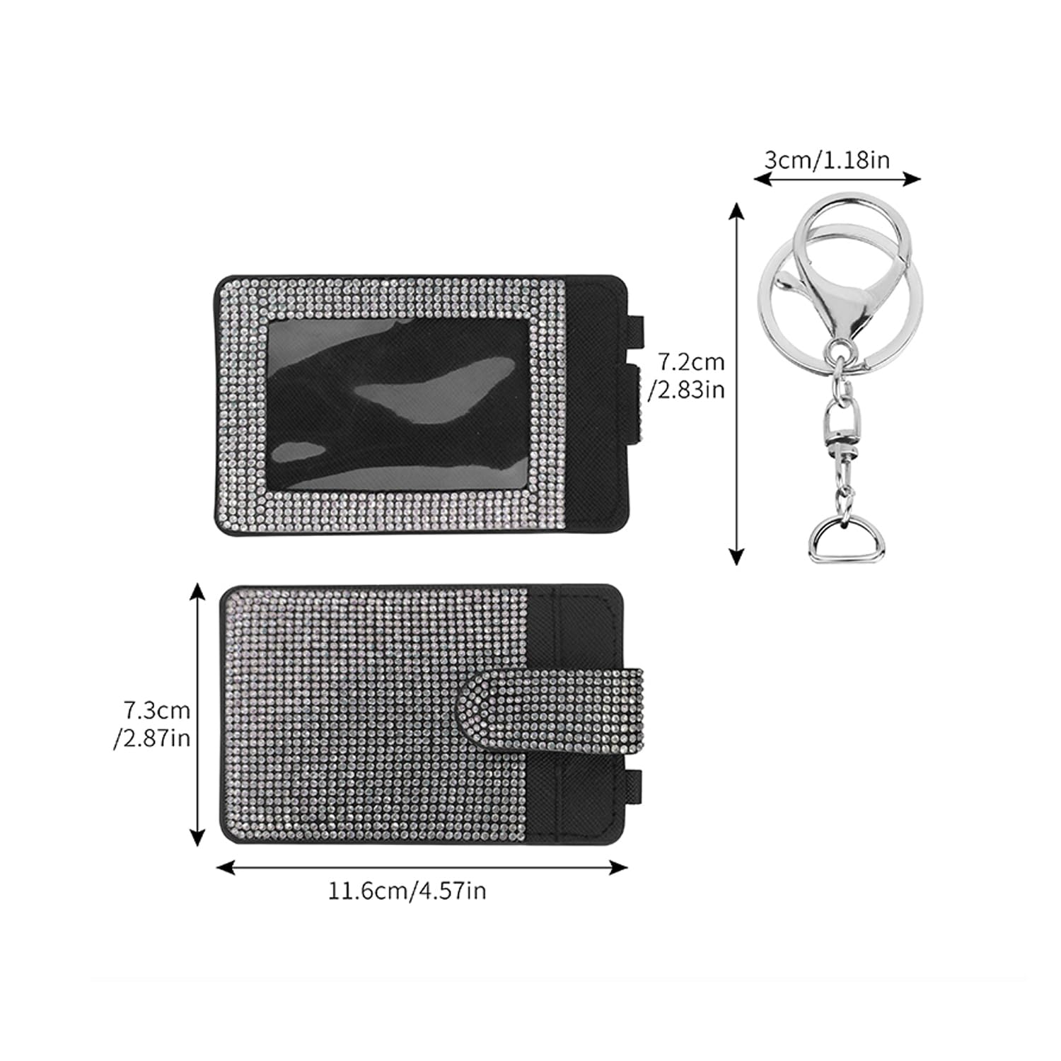 Bling ID Badge Holder with Keychain, Bling Rhinestones Crystal Badge Clip Key Chain Holder, PU Card Holder with Clear Window - Image 3