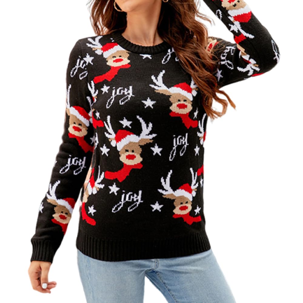Melliflo Ugly Christmas Sweaters for Women Reindeer Tree Print Long Sleeve Crewneck Knitted Sweater Cute Holiday Pullover Top