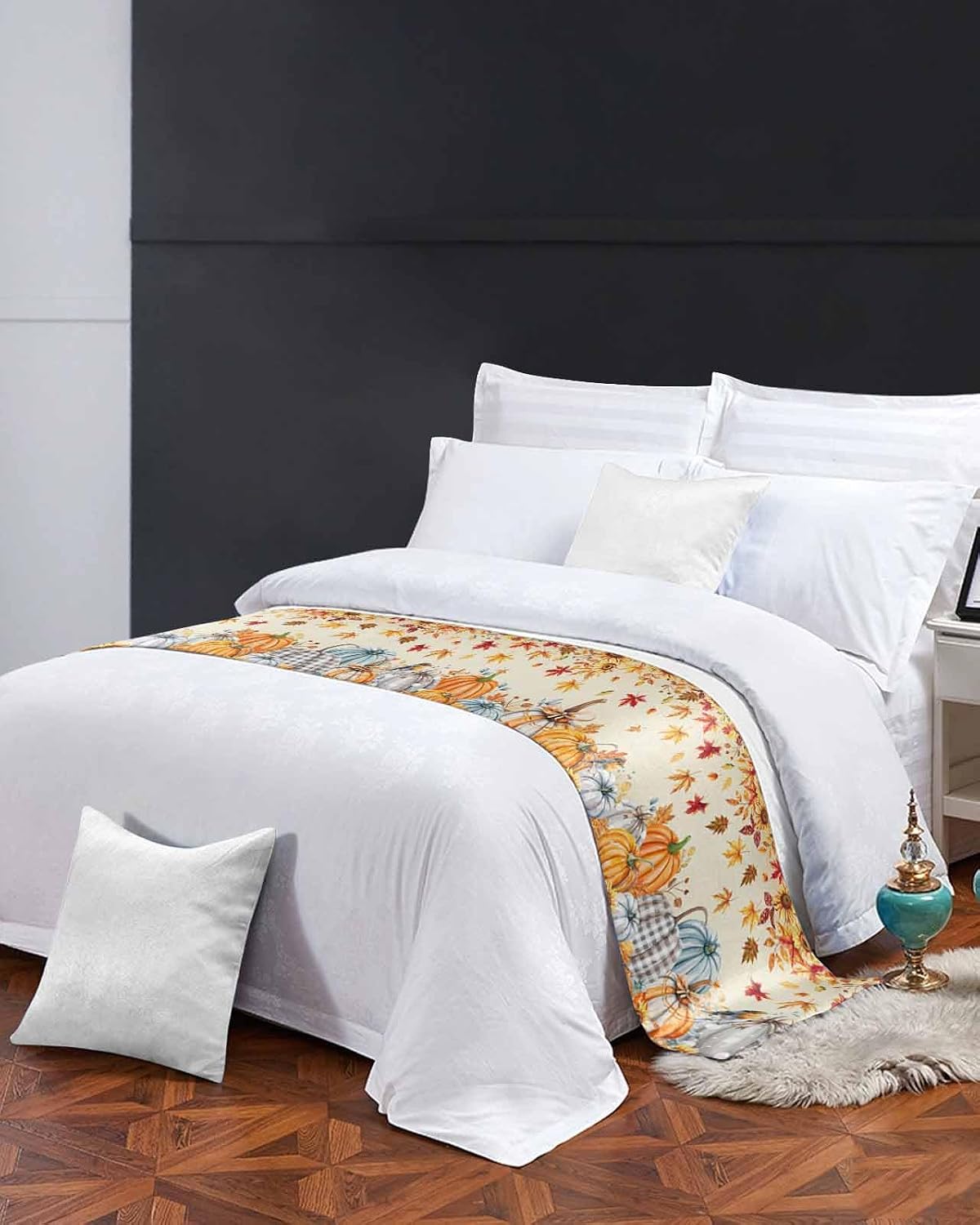 Orange Grey Fall Bed Runner Scarf Cal King Size, Thanksgiving Maple Leaf Pumpkins Luxury Bed Throw Runners & Scarves for Twin Full Queen King Foot of Bed, Bedroom Hotel Decoration, 102"x20"