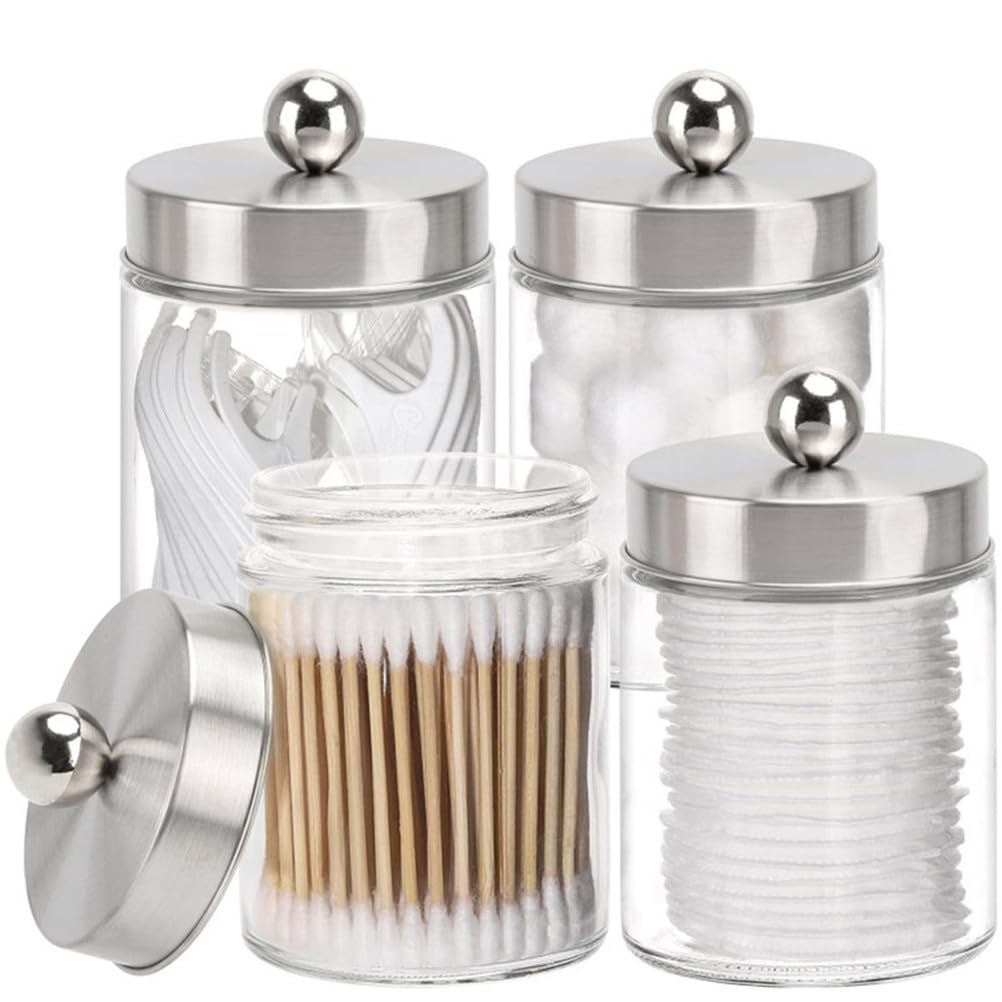 Wanym Silver 4 Pack Cotton Bud Holder Acrylic, Cotton Swab, Cotton Round Pads, Floss Picks Small Clear Plastic Apothecary Jar Set For Bathroom Canister Storage Organization,