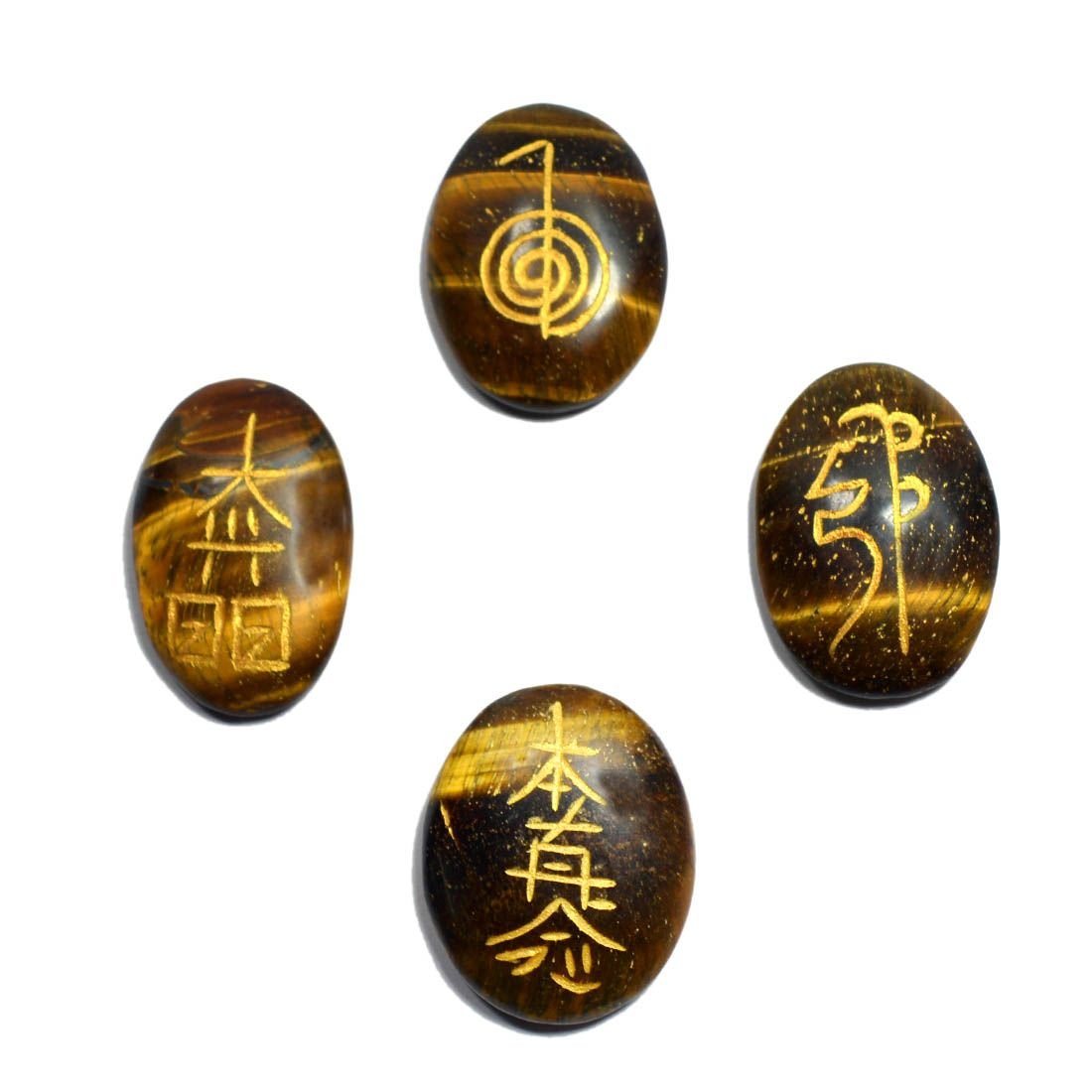 Astroghar Natural Crystal Tiger Eye 4 Reiki Symbols Engraved On Healing Oval Stones Set Usui Reiki Healing Set for Grid Making-image-4