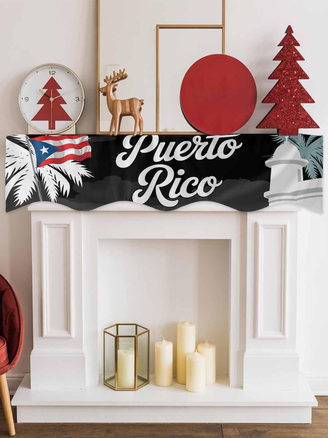 Puerto Rico Flag Abstract Mantel Scarf Fireplace Top Runner,Mantel Scarves Cover Table Runners for Home Daily Use Holiday Party Decor 70x17in,Watercolor Palm Leaves