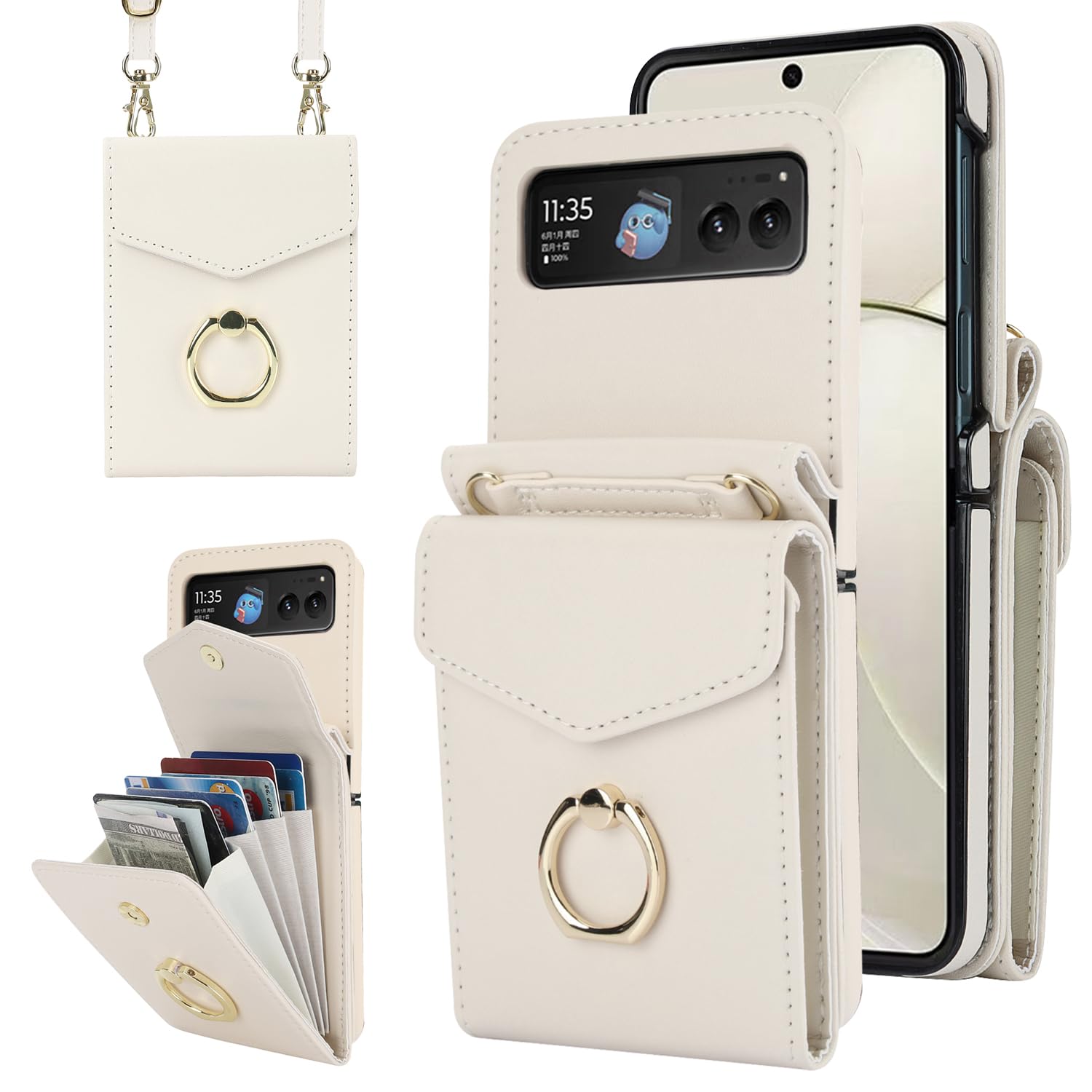 Asuwish Phone Case for Motorola Razr 40/Moto Razr 2023 Wallet Cover with RFID Blocking Ring Crossbody Wrist Strap Stand Credit Card Holder Purse TPU Cell Accessories XT2323-6 Women Men Girls Off White
