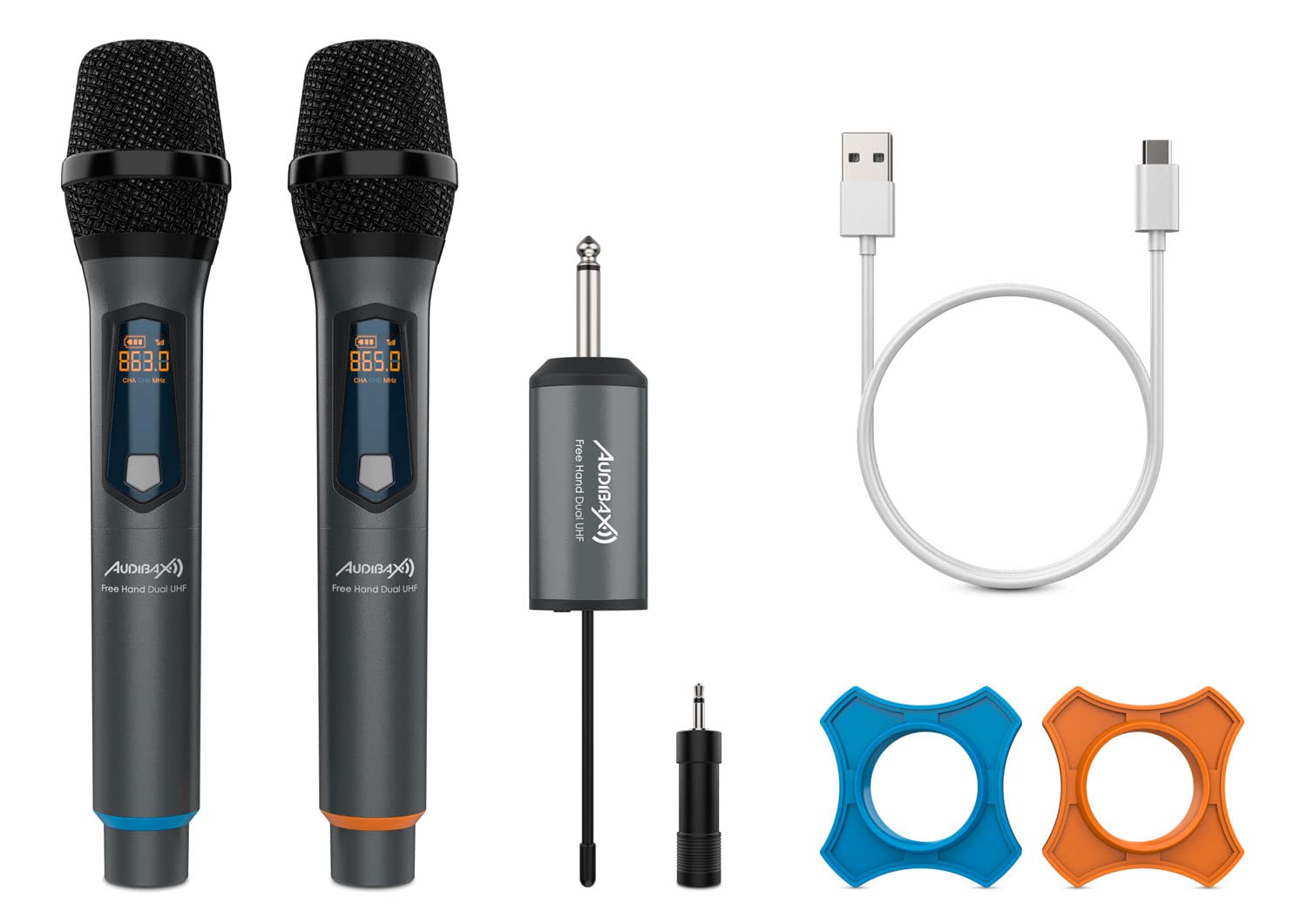 Audibax Missouri Free Hand Dual UHF - Sistema Microfonico Dinamico - Microfono Wireless con Trasmissione Segnale RF - Ricevitore con 8 Ore di Autonomia - Ricaricabile con USB Type C