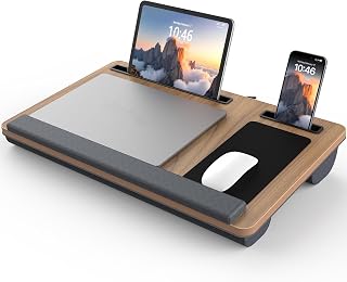 Lap Desk, Laptop Tray with Wrist Rest, Portable Handle, Fixed Mouse Pad, Up to 17”, Table and Phone Slots, Laptop Stand for Bed with Cushion, Portable Large Laptop Desk for Bed (Wood)