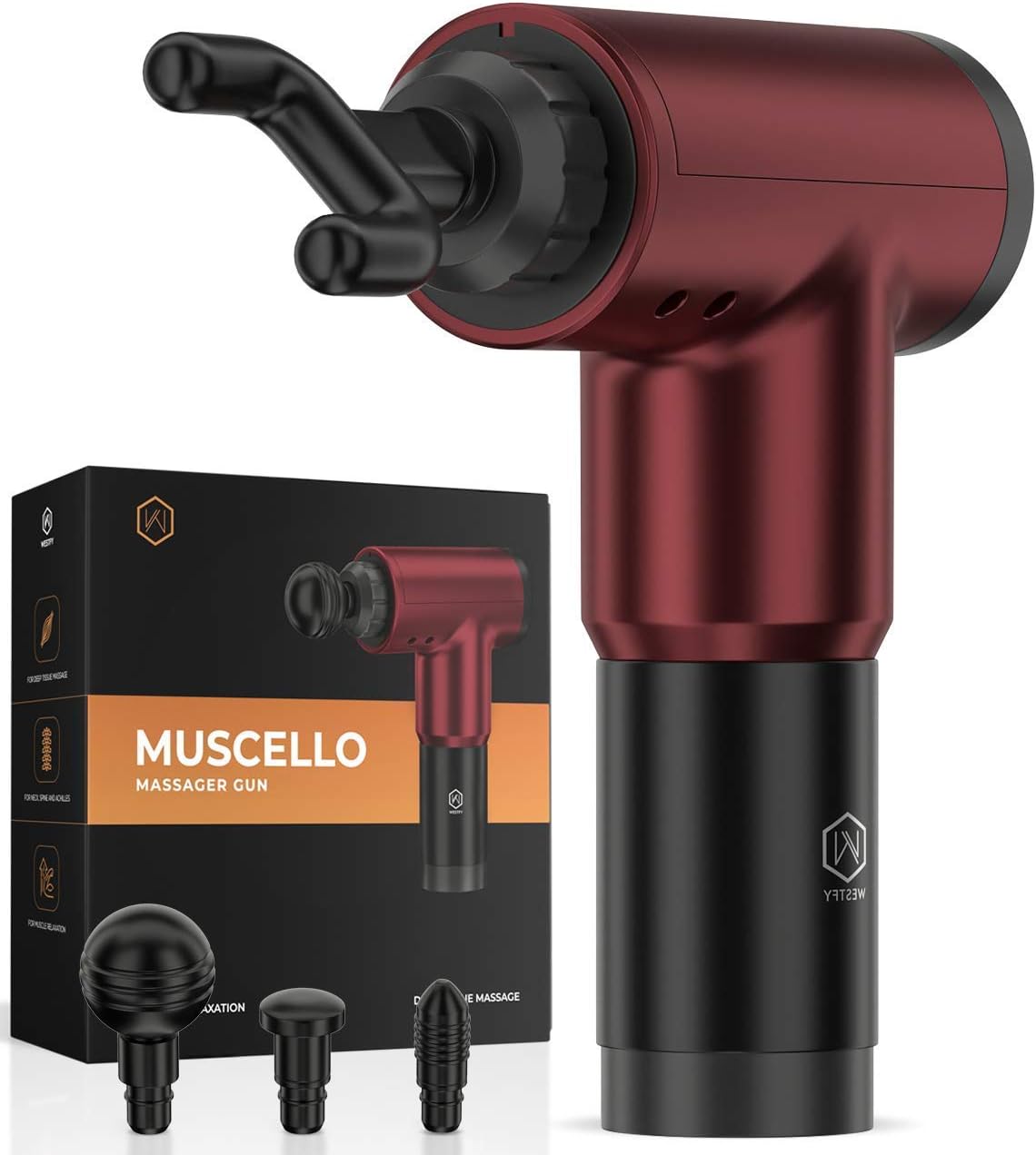 Westfy Muscello Massager Gun for Pain Relief – Deep Tissue Massage – Handheld Electric Body Massager - Super Quiet Brushless High Torque Motor – Personal and Professional Massager