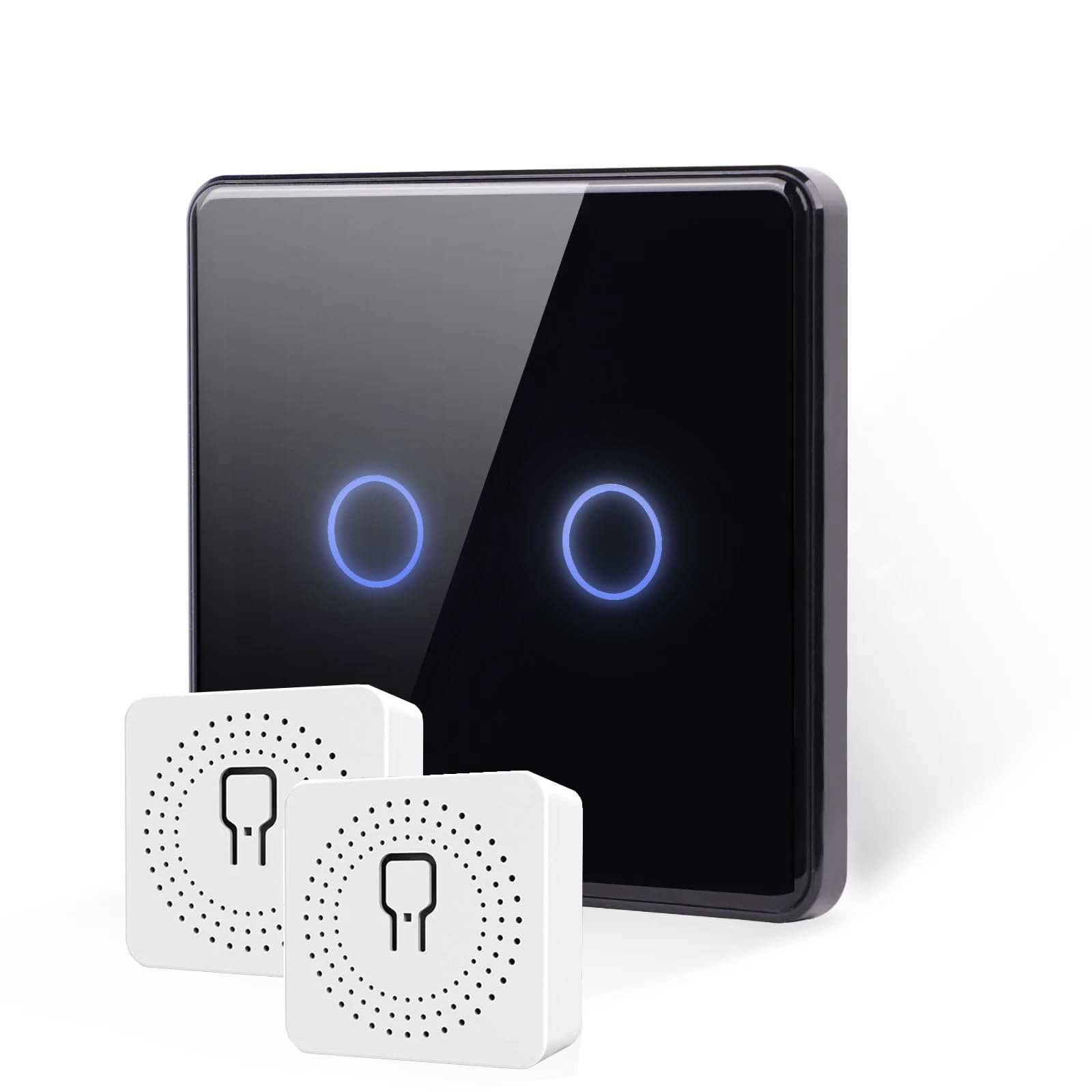 Funk Touch Lichtschalter zum Nachrüsten für Lampen ohne Schalter, Fernbedienung, RF433, Keine Verkabelung Erforderlich, SmartHome Funkschalter mini Modul Unterputzdose (Set 2 Empf.+Seriensch. Schwarz)