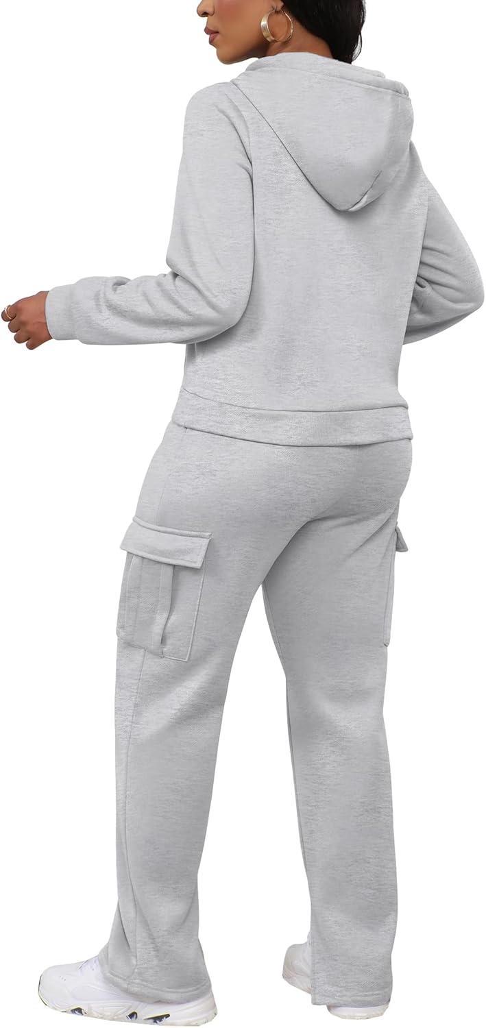 LovelyWholesale Womens Sweatsuits 2 Piece Set Hoodies and Cargo Sweatpants Sets Small Grey