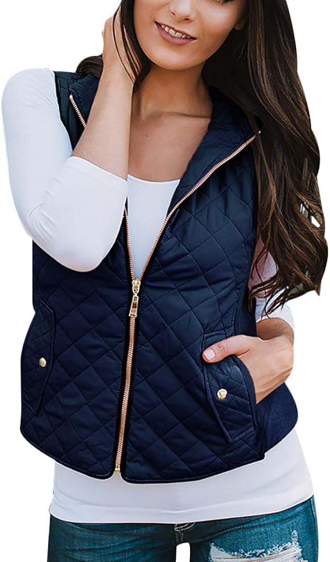 Womens Gilets Quilted Vest Stand Collar Lightweight Padded Jackets Zip