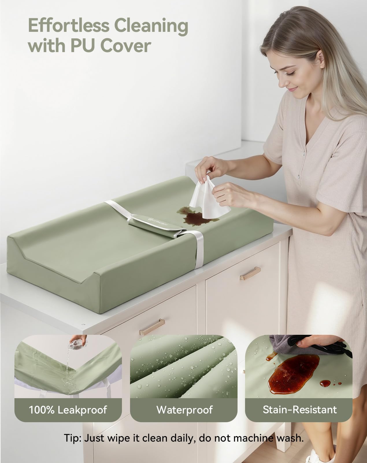 COMOMY Veganes Leder Keil Wickelauflage Abwaschbare, Wickelunterlage mit Sicherheitsgurt & Anti-Rutsch-Unterseite, Weiche Wickelmatte für Kommode und Tisch (Grün)