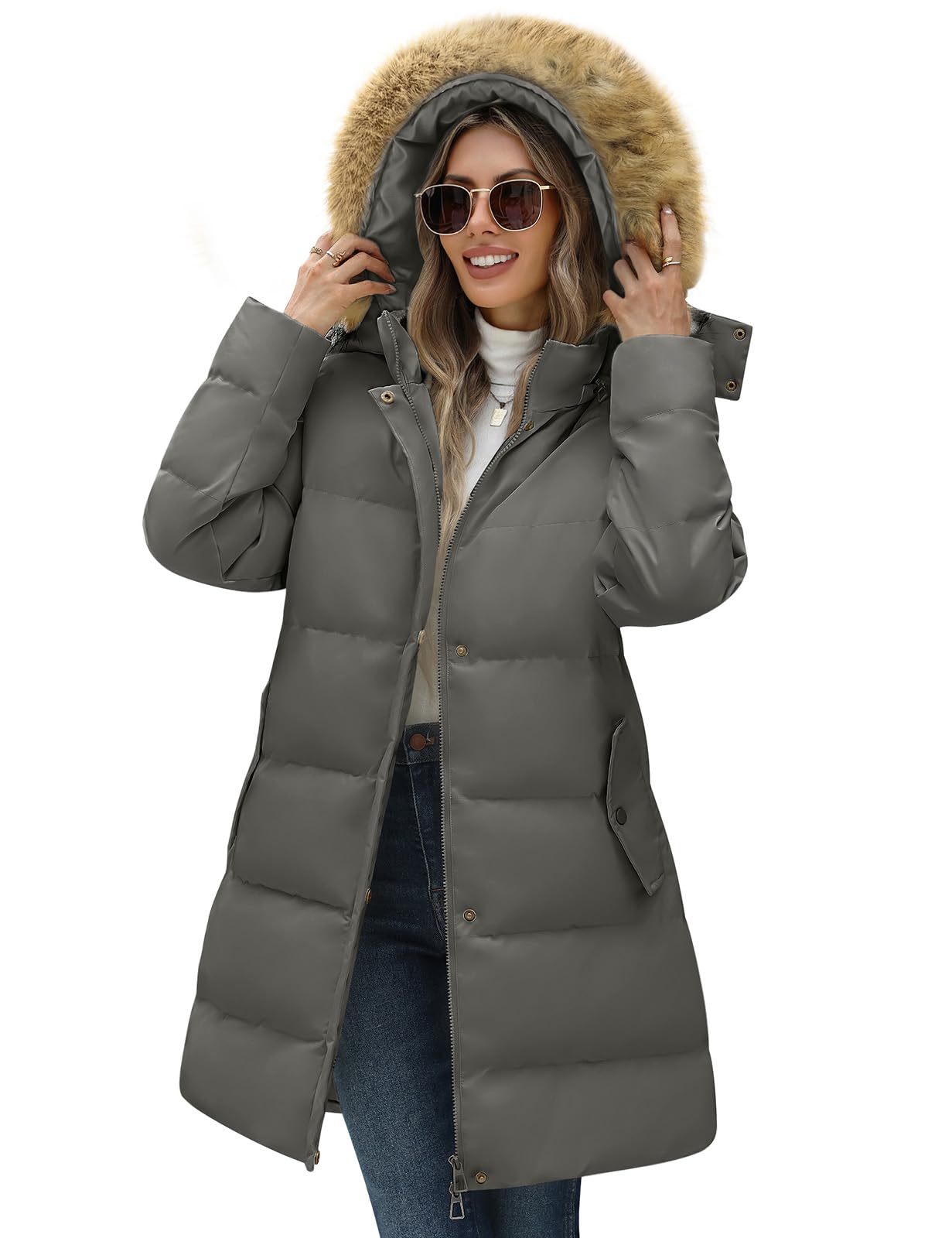 Yuson Girl Wintermantel Damen Lang Warme Winddichte Steppjacke Dicke Steppmantel Parka Winterjacke Herbst Gesteppt Elegant Skijacke Outdoor Jacke Mit Kunstpelz Kapuze (Grau, M)