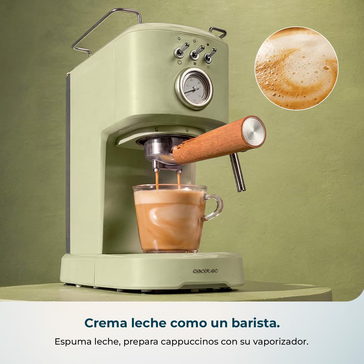 Cecotec Cafetera Espresso Power Espresso 20 Retro Green Elite. 1100 W, 20 Bares, Vaporizador Orientable, Brazo Portafiltros con Doble salida y 2 Filtros, 1,25 Litros