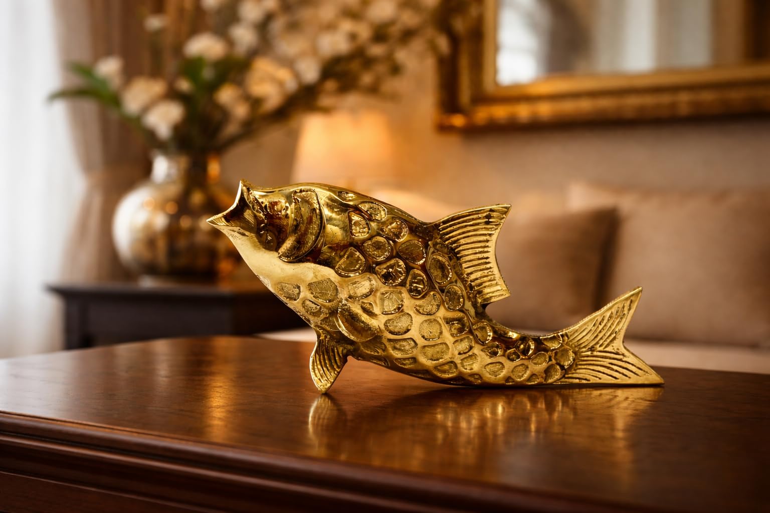 MOJO JOJO Premium Brass Fish Figurine Sculpture | Vastu & Feng Shui Good Luck Showpiece | Handcrafted Metal Animal Statue for Home, Office Desk, or Table Decor 2