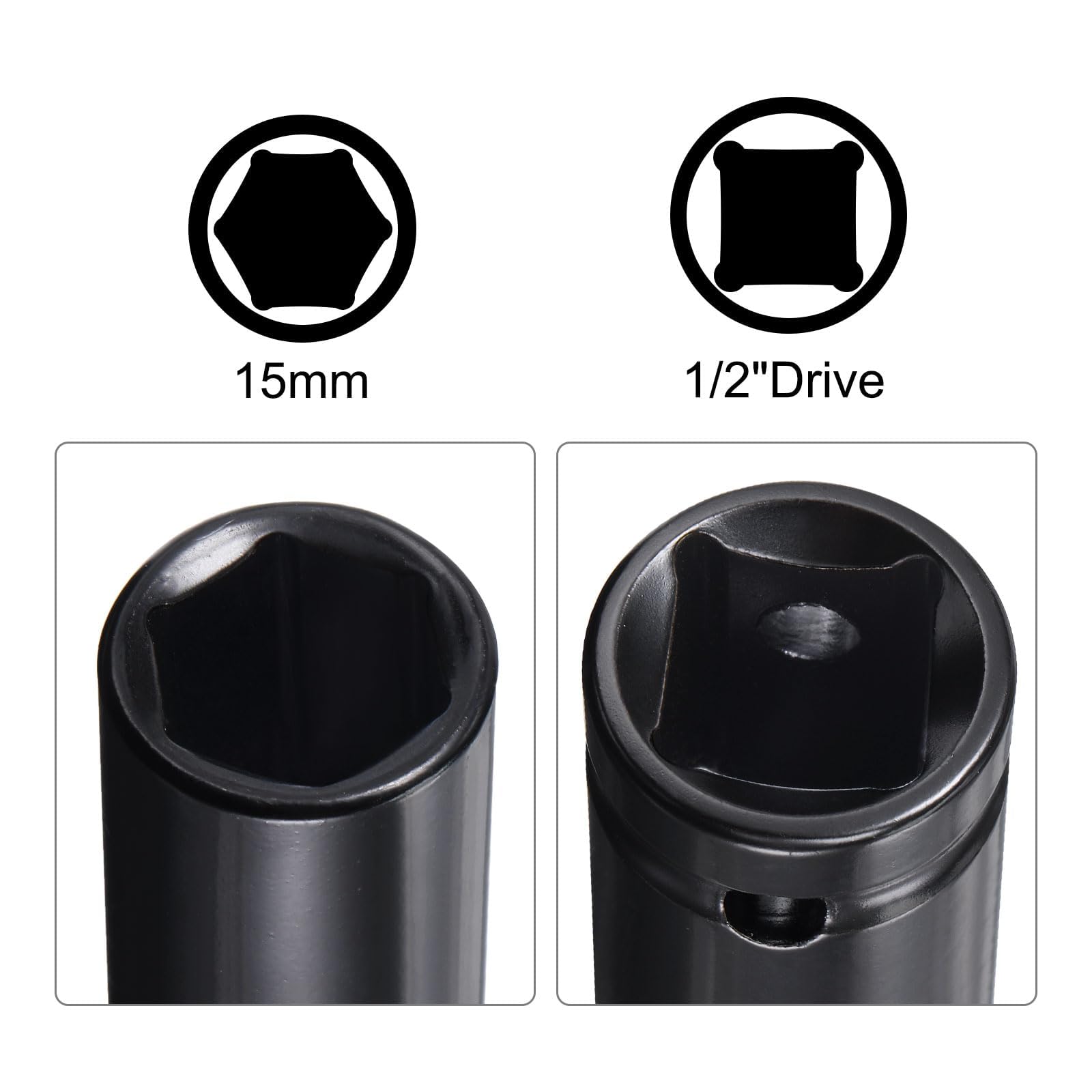 TA-VIGOR 1/2" Drive Socket Accessory Set, 15mm 6-Point Deep Impact Sockets 3" Length and 1/2" to 1/4" Hex Shank Adapters - Image 3