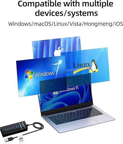 Miniatura 6 de Divisor USB 3.0 con cable de extensión de 4 pies de largo, extensor multipuerto ultrafino de 4 puertos para computadora de escritorio, laptop,