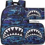 3PCS Shark Backpack for Boys, 16' Little Kids Kindergarten School Bookbag and Lunch Box
