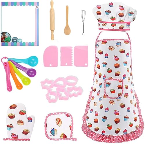Juegos de cocina y repostería para niños, delantales para niñas, sombrero de chef, delantal, disfraz de chef, regalos de cumpleaños para niñas de 4,