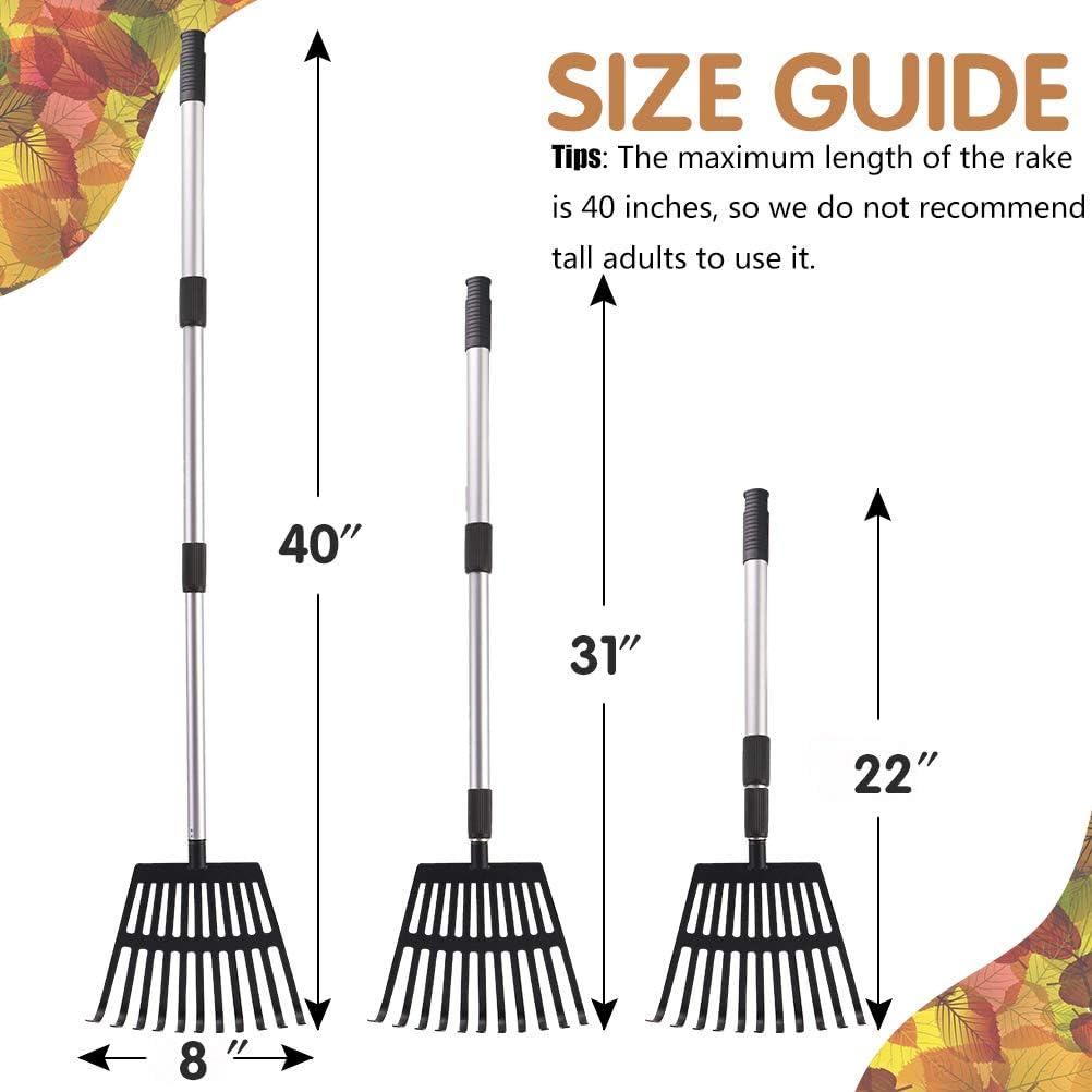 OUTCREATOR Telescopic Leaf Rake,22" - 40" Telescoping Lightweight Aluminum Handle Length,11 Tines Rake,8" Inch Wide,for Kids Leaf Rake,Garden Shrub Rake,Easy to Carry