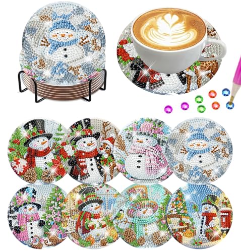 Lophomie 8 Pack Christmas Diamond Art Coasters Kit with Holder DIY Christmas Snowman Diamond Painting Coasters Cork Wooden Double Layer Board Durable Craft Set for Beginners and Adults 4x4 Inch