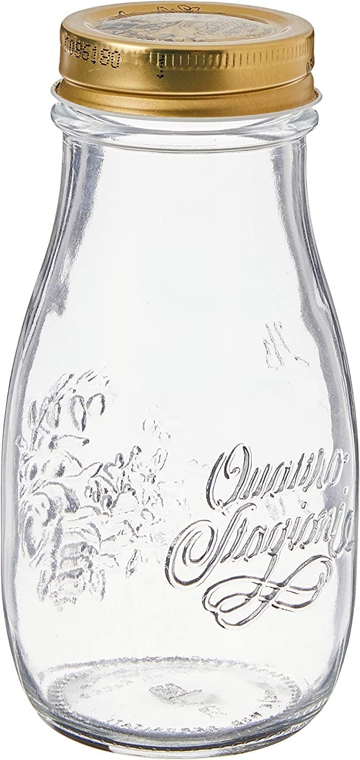 Bormioli Rocco Quattro Stagioni, Glass Canning Jar and Drinking Bottle, 13.5 Oz. with Gold Metal Airtight Lid, Made in Italy.