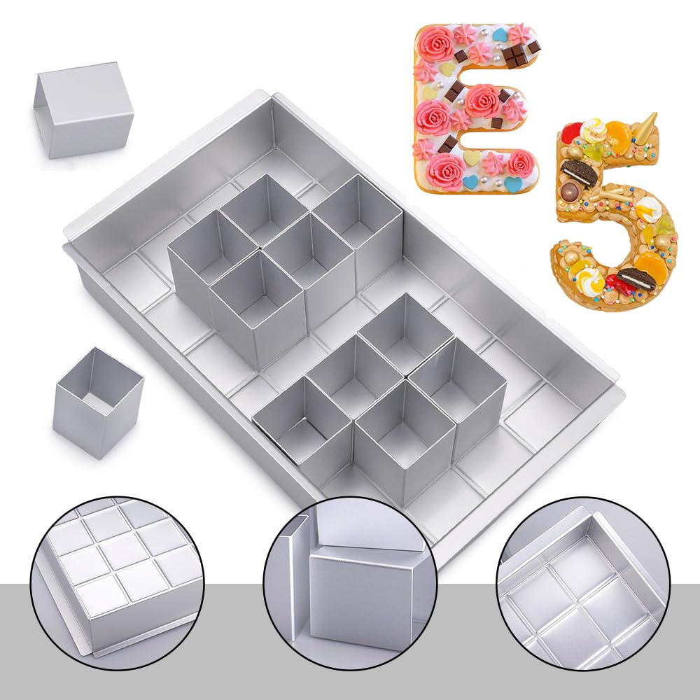 Backform Zahlen Aluminium Kuchenformen Rechteckig Verstellbar Antihaft Zahlen Kuchenform Groß mit 12 Quadratischen Blöcken für Hochzeit Geburtstag Party Taufe, 31x 18 x 5 cm