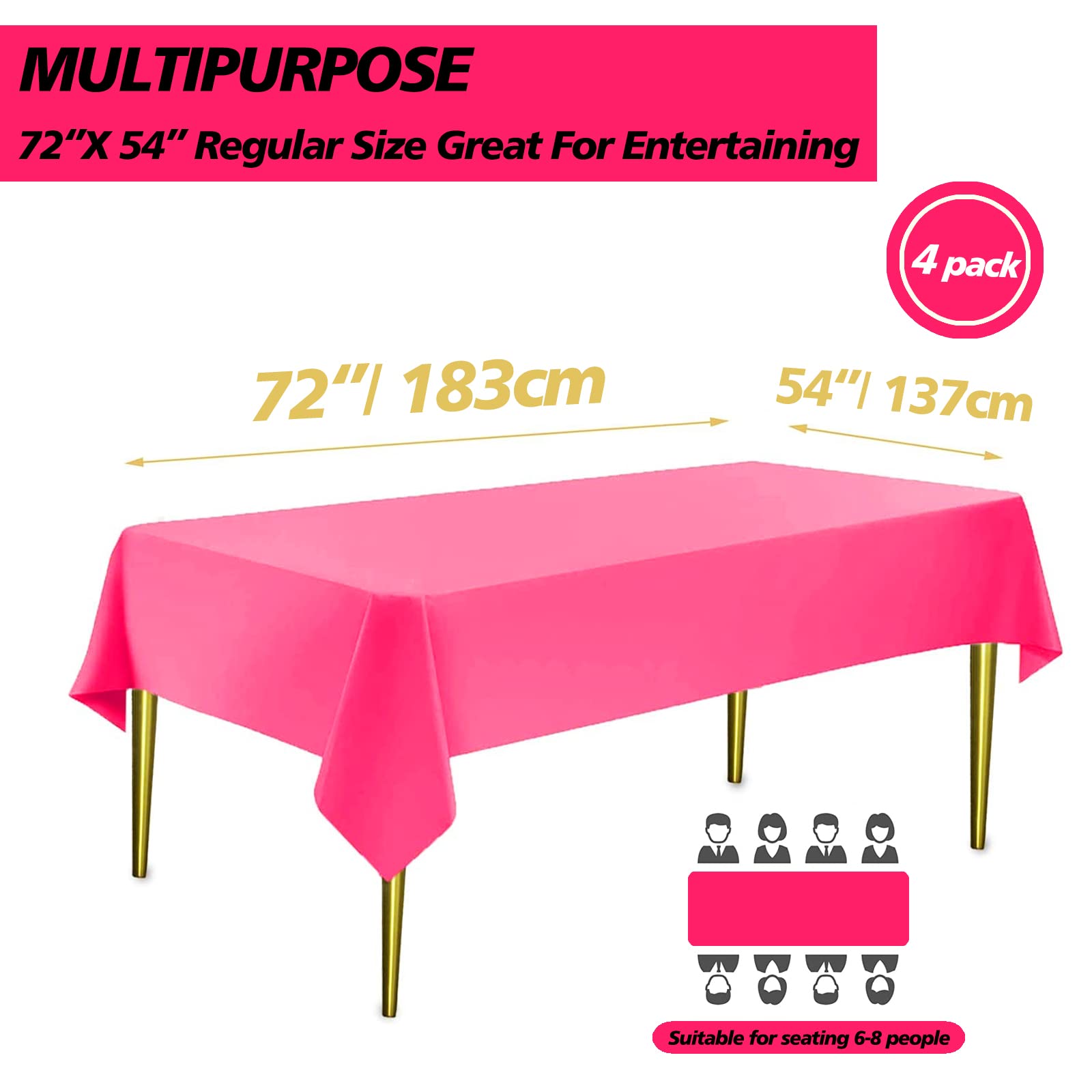 Paquete de 4 manteles de plástico desechables de plástico rosa intenso, para fiestas de niñas, para baby shower, revelación de género, decoración de fiesta de cumpleaños, 54 x 72 pulgadas (rosa