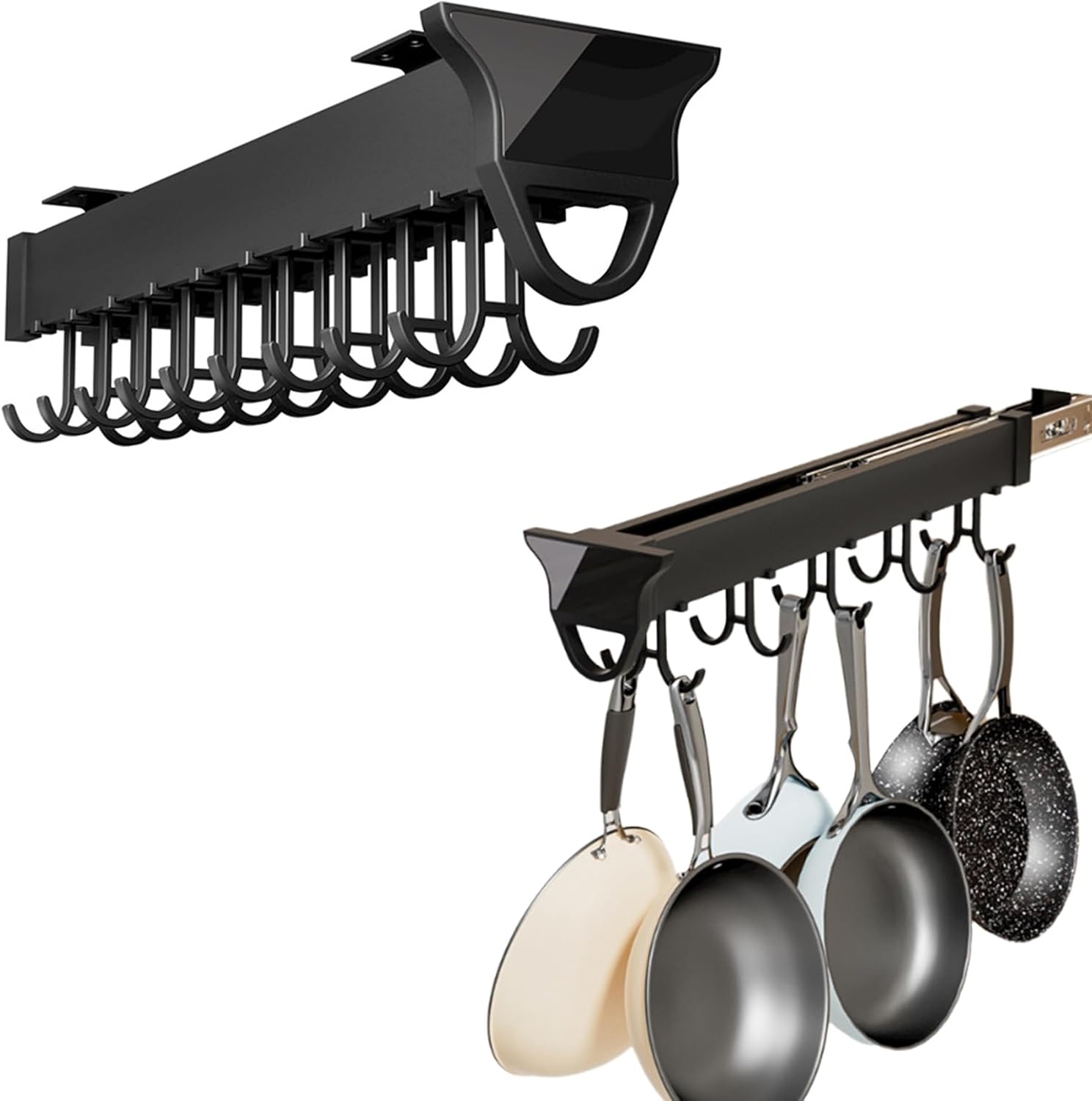 Pull Out Pot Rack, Pots and Pans Organizer for Under Cabinet, Aluminum Alloy Pot Hanging Holder, Slide Out Organization for Kitchen Cabinet Cookware Baking Frying Rack (B, 9 Pairs Hooks)