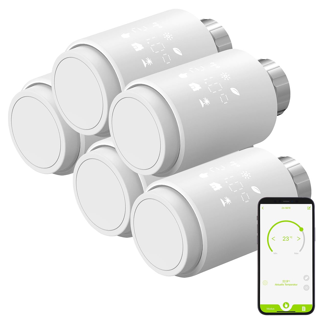 revolt Thermostat ZigBee: 5er-Set ZigBee-Heizkörperthermostate, weltweite App-Steuerung, Display (Thermostat Alexa, Heizkörper, Frost)