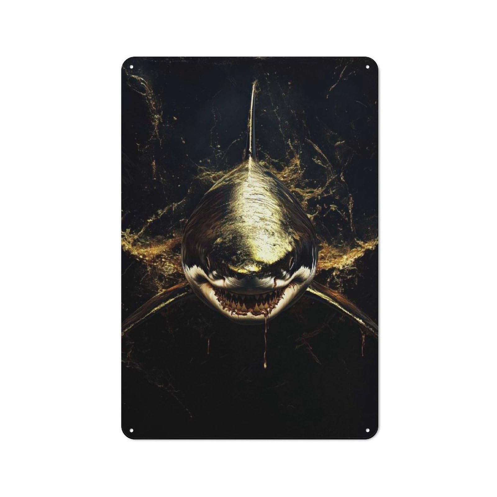 Junmoney Golden Shark Casual Metal Wall Decor 30X20cm, Tin Sign For Greenhouse, Garden Room, Cafe Or Entryway