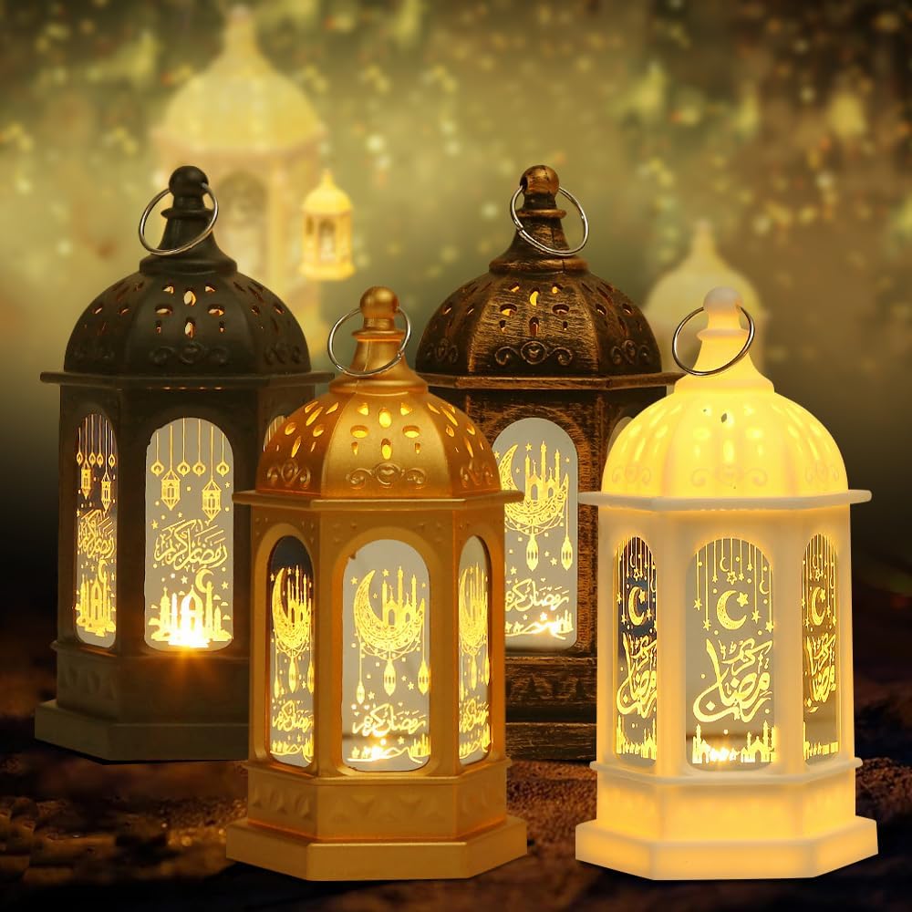 4PCS Ramadan Lantern, Eid Mubarak Lantern Decorations Lights, Mini Lanterns Ramadan Decorations for Home, Hanging Ramadan Lamp, Ramadan Table Decorations for Garden Muslim Festival Decorations