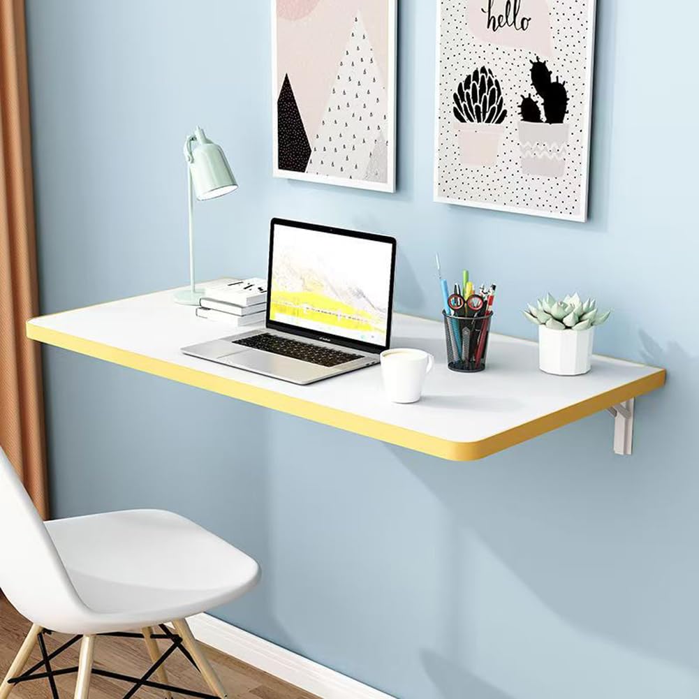 GDMDPTE Space-Saving Wall-Mounted Folding Table Drop-Leaf Workbench for Home Office Kitchen Laundry - Yellow 60x30CM Adjustable Floating Desk with Brackets