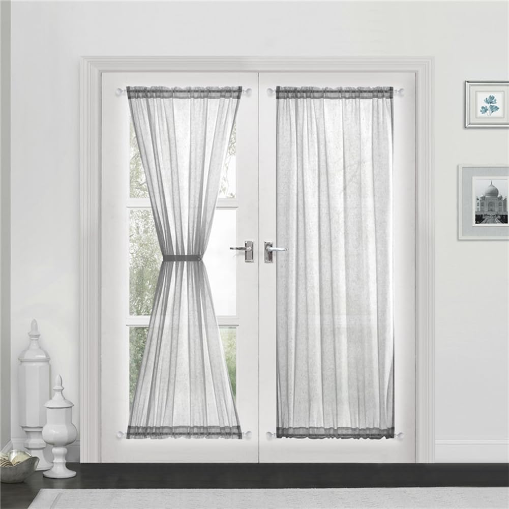 Rideau de porte française texturé de 132 cm, voilage gris filtrant anti-regard pour vitre