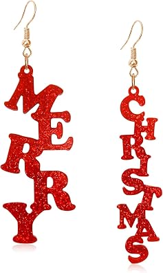 Exaggerated Creative Acrylic Merry Christmas Letter Irregular Dangle Drop Earrings Personalized Colorful Sparkling Glitter Christmas Dangle Drop Earrings for Women Statement