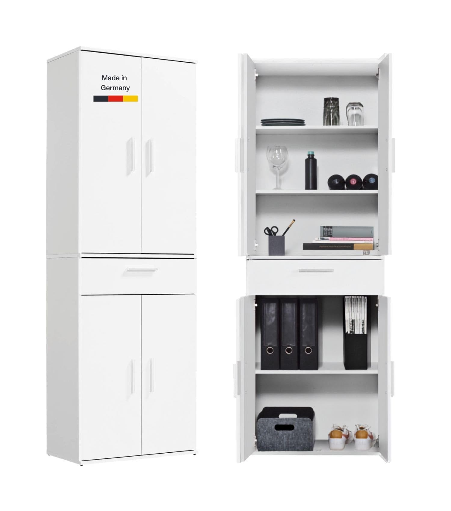 mokebo Mehrzweckschrank Büroschrank (60x180 cm) 'Der Praktische' Made in Germany aus Holz mit Schublade Aktenschrank auch als Schuhschrank Flurschrank Weiß