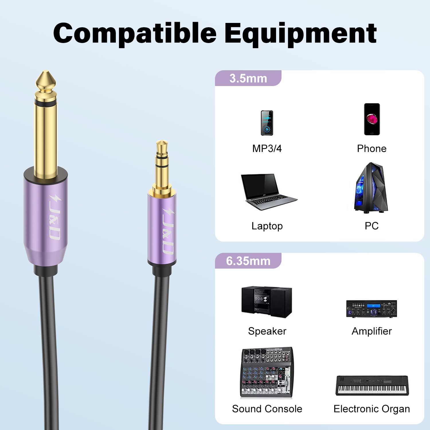 Cavo Audio 3.5mm A Doppio 6.35mm – 1.8m, Jack Stereo A 2 Mono Per Mixer E Amplificatori