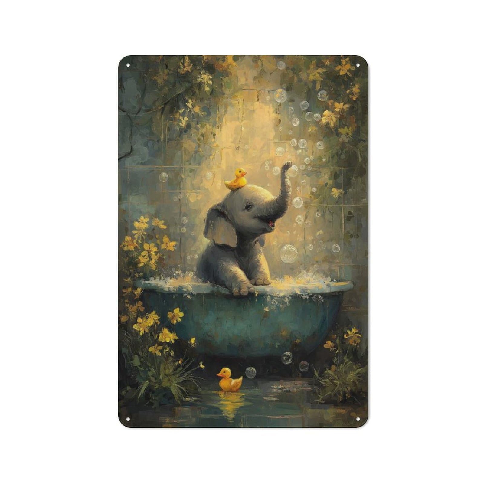 Elephant with Rubber Duckies in Bathtub Rustic Metal Sign 30x20cm, Country Vintage Country Wall Plaque for Cottage, Kitchen, Hallway Or Breakfast Nook
