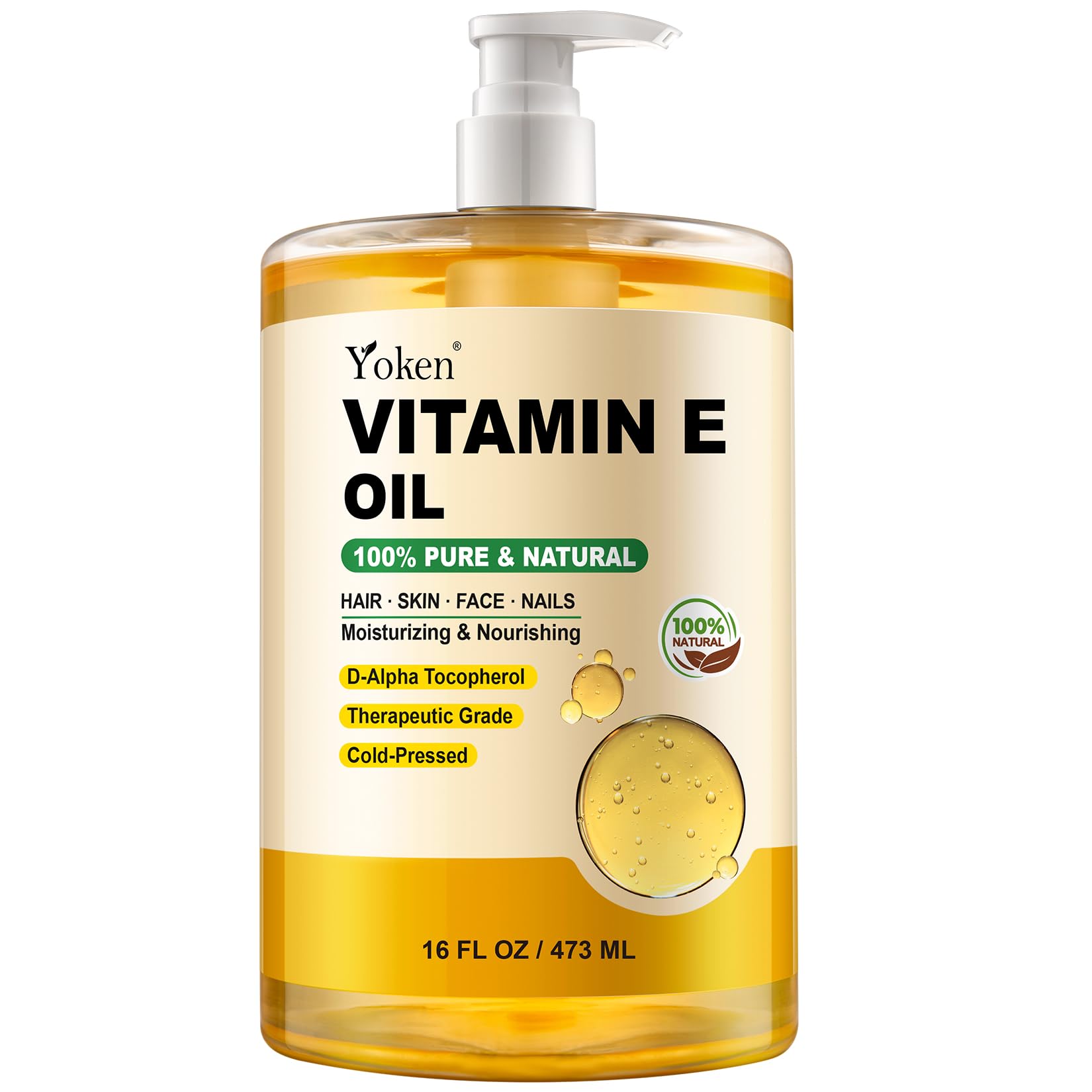 Yoken Aceite de vitamina E para la piel, 16 onzas, aceites de baño corporal para rostro prensado en frío | Pure D-Alpha Tocoferol Liquid Vitamina Nails Vit e Women Hidratante Piel Seca Sin Perfume Aceite Hidratante Sin Hexano