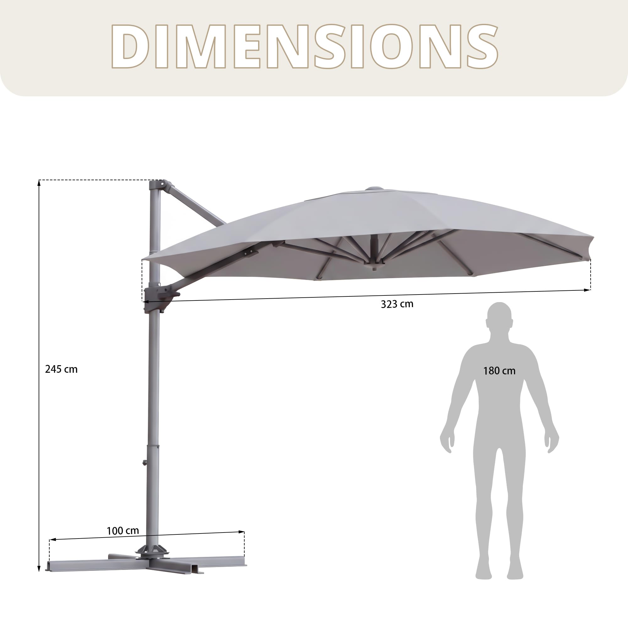 JUMMICO Parasol Déporté Carré 330x330cm, Parasol de Jardin Inclinable Rotatif 360° avec Manivelle, Protection UV50+, Toile Imperméable, pour Terrasse Balcon Piscine