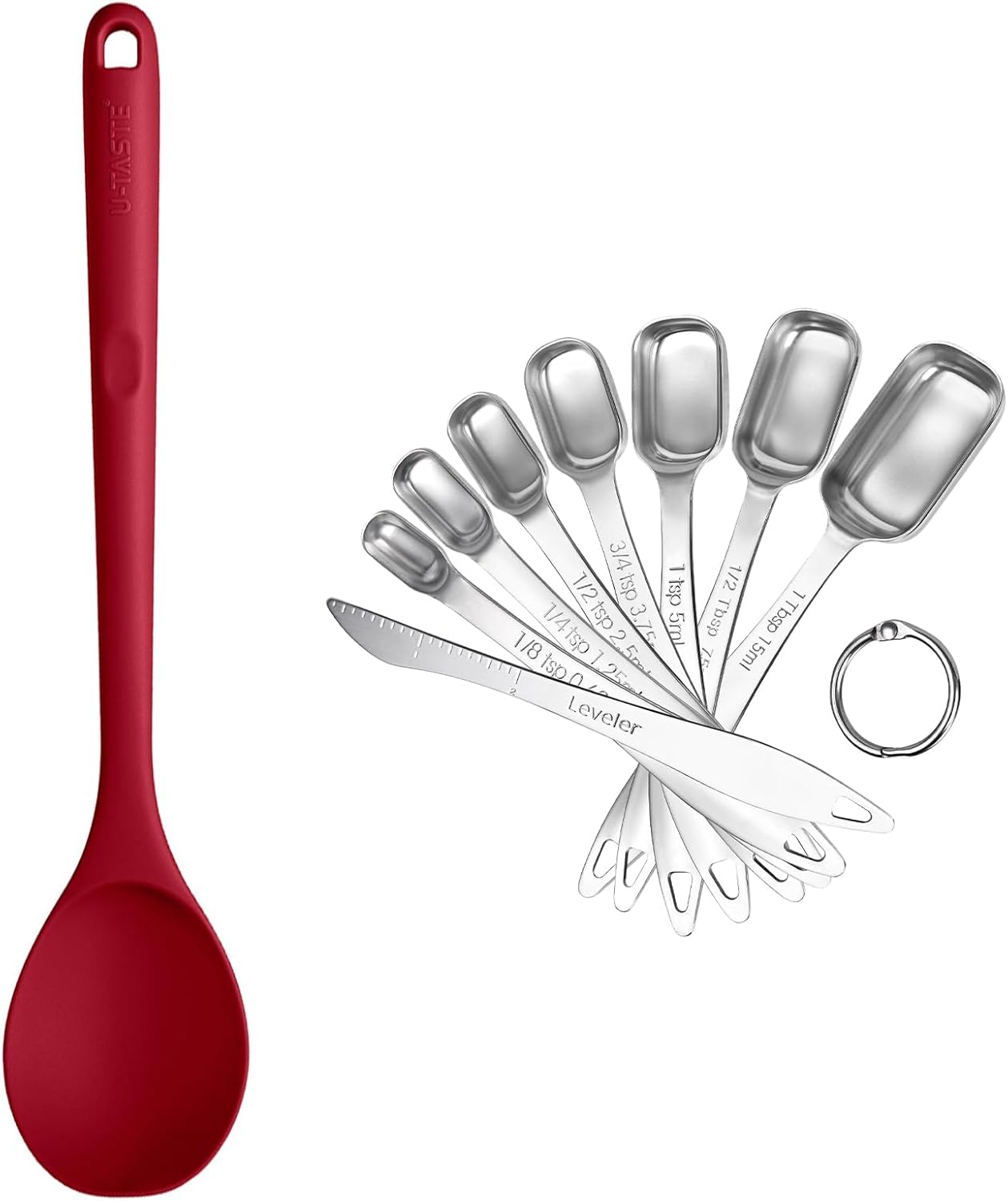 U-Taste 600ºF Heat Resistant Silicone Cooking Mixing Spoon, and 18/8 Stainless Steel Square Measuring Spoons Set of 8 (Red+Silver)