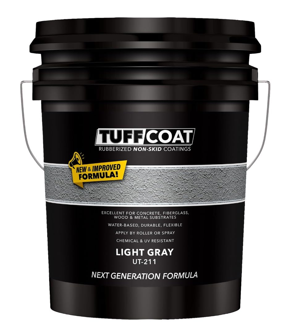 Tuff Coat Medium Texture Rubberized Non-Skid Deck Coating – Textured Non-Slip Safety Surface for Pool Decks, Docks, Boat Ramps, Patios, Walkways &amp; High-Traffic Areas (UT-211 Light Gray 5-gallon)