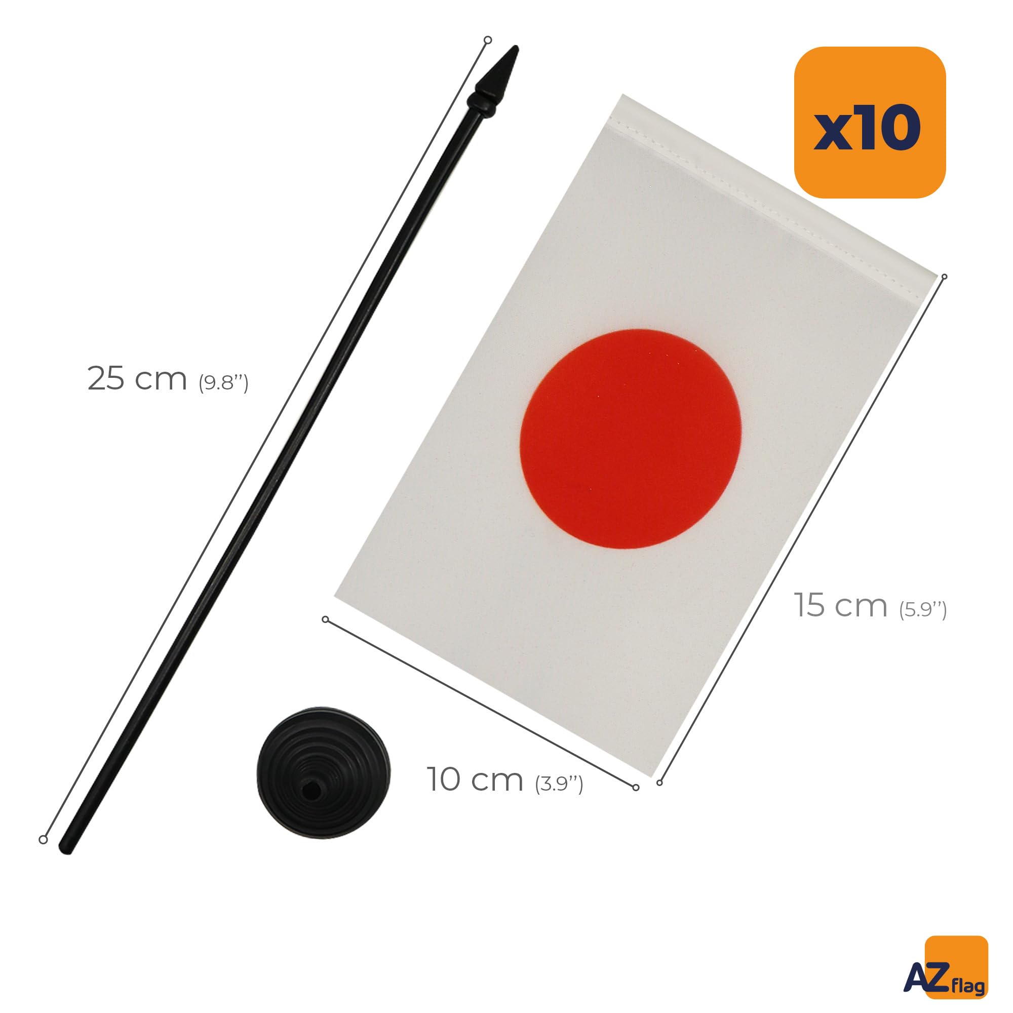 AZ FLAG - 10 banderas de mesa japonesas 15 x 10 cm, 10 mini banderas japonesas de oficina 100% poliéster con mástil de 25 cm y base de plástico negro