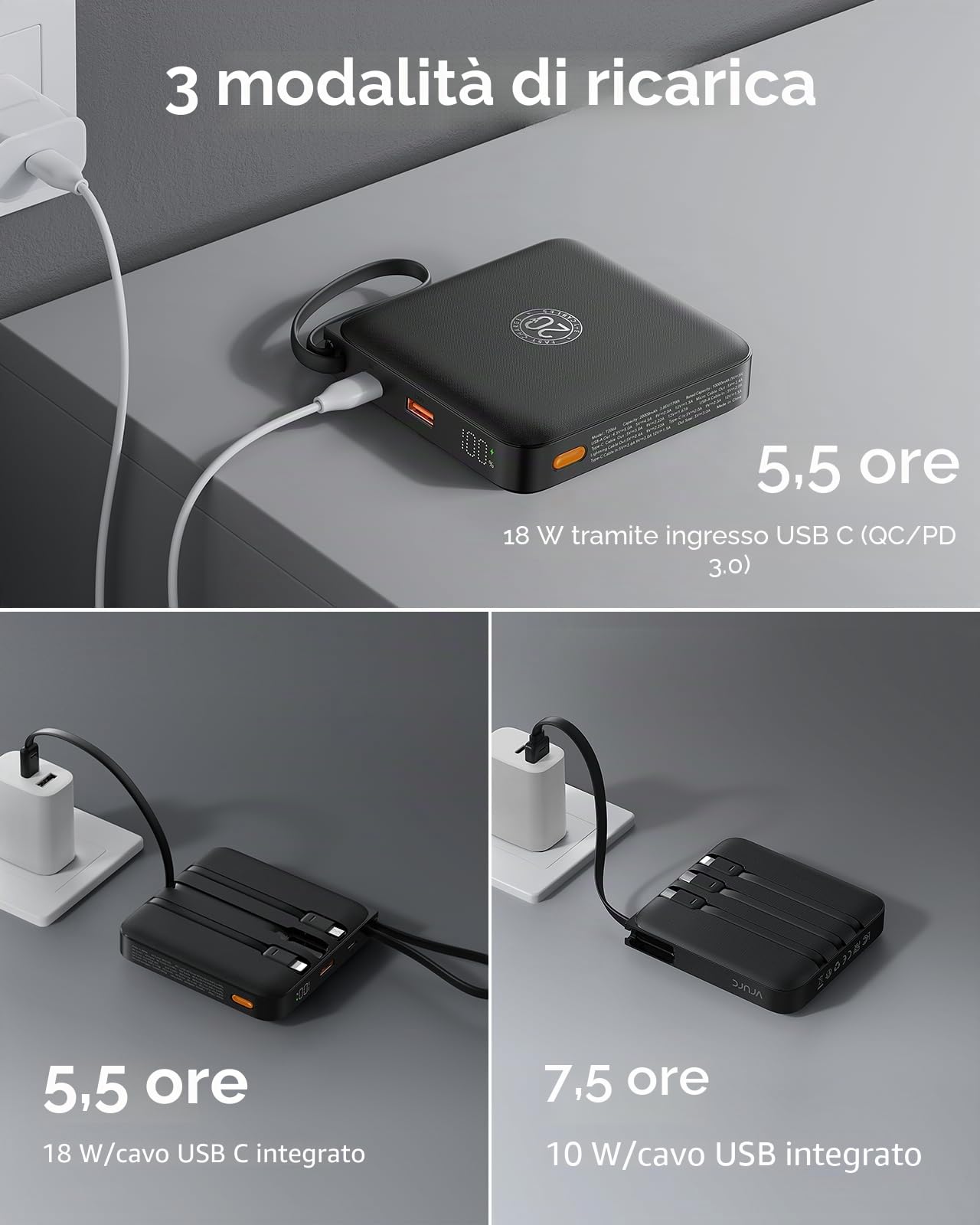 VRURC Power Bank con cavo di ricarica rapida USB C Power Bank