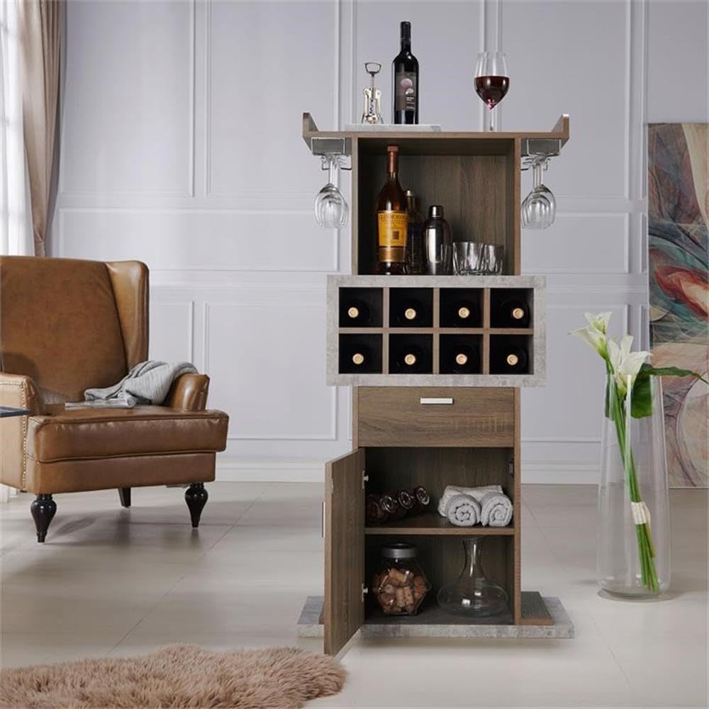 BOWERY HILL Modern Wood Multi-Storage Buffet, Chestnut Brown Finish, MDF and Particle Board Construction, Built-in Stemware and Wine Rack, Adjustable Shelf and Drawer, 26.77" W x 13.78" D x 52.17" H