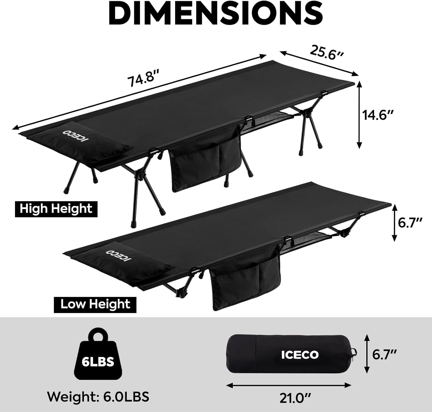 ICECO Camping Cot for Adults, Height Adjustable with Cot Leg Extenders, Strong Support 330lbs, 900D Oxford Fabric, Ultralight Comfortable, Sleeping Bed for Camping, Hiking, Beach, Home (L-Black)