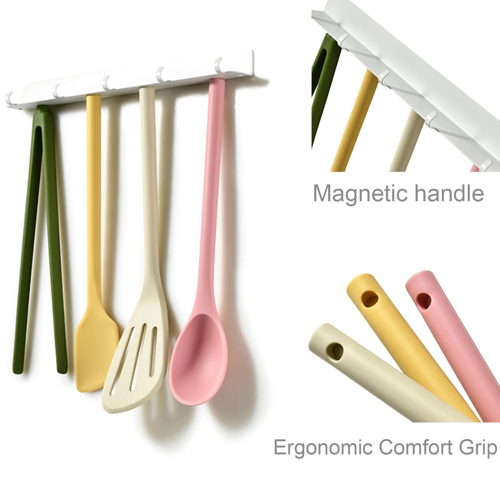Warewell Magnetic Cooking Utensils Set with Adhesive Wall Rack, [Macaron Color Scheme] Colorful Silicone Utensils Set for Cooking, Non Toxic, With Spatula, Slotted Turner, Ladder Spoon & Tong, 5 Pcs