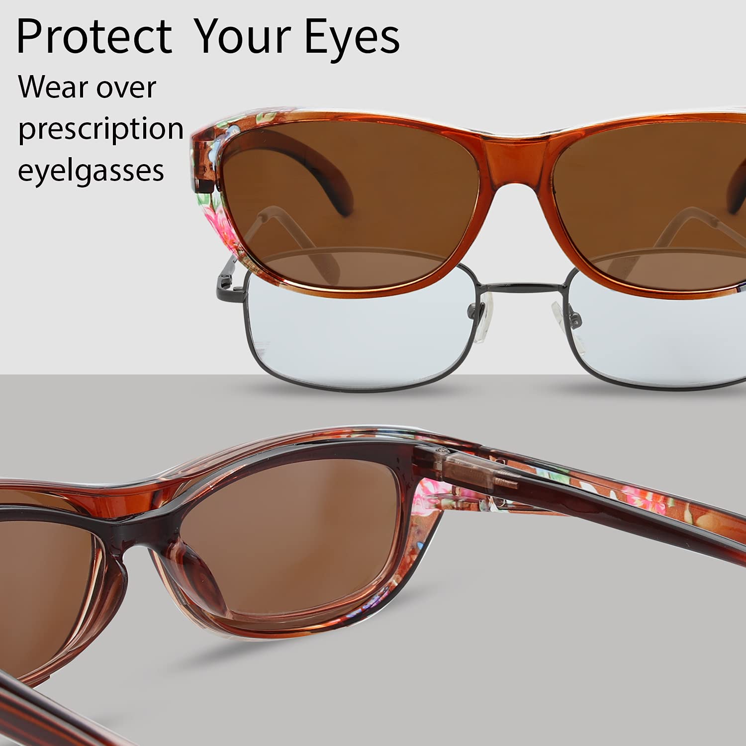 Gafas de sol polarizadas de alta definición para gafas - Funda de cuero para lentes, F3 Marrón/Estampado De Flores Florales 4