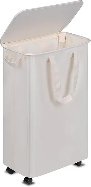 Vincona Slim Laundry Hamper with Lid and Wheels, Small Rolling Laundry Basket with Handle for Small Spaces, Tall Dirty Clothes Hampers for Dorm, Bathroom and Bedroom, 55L, Beige