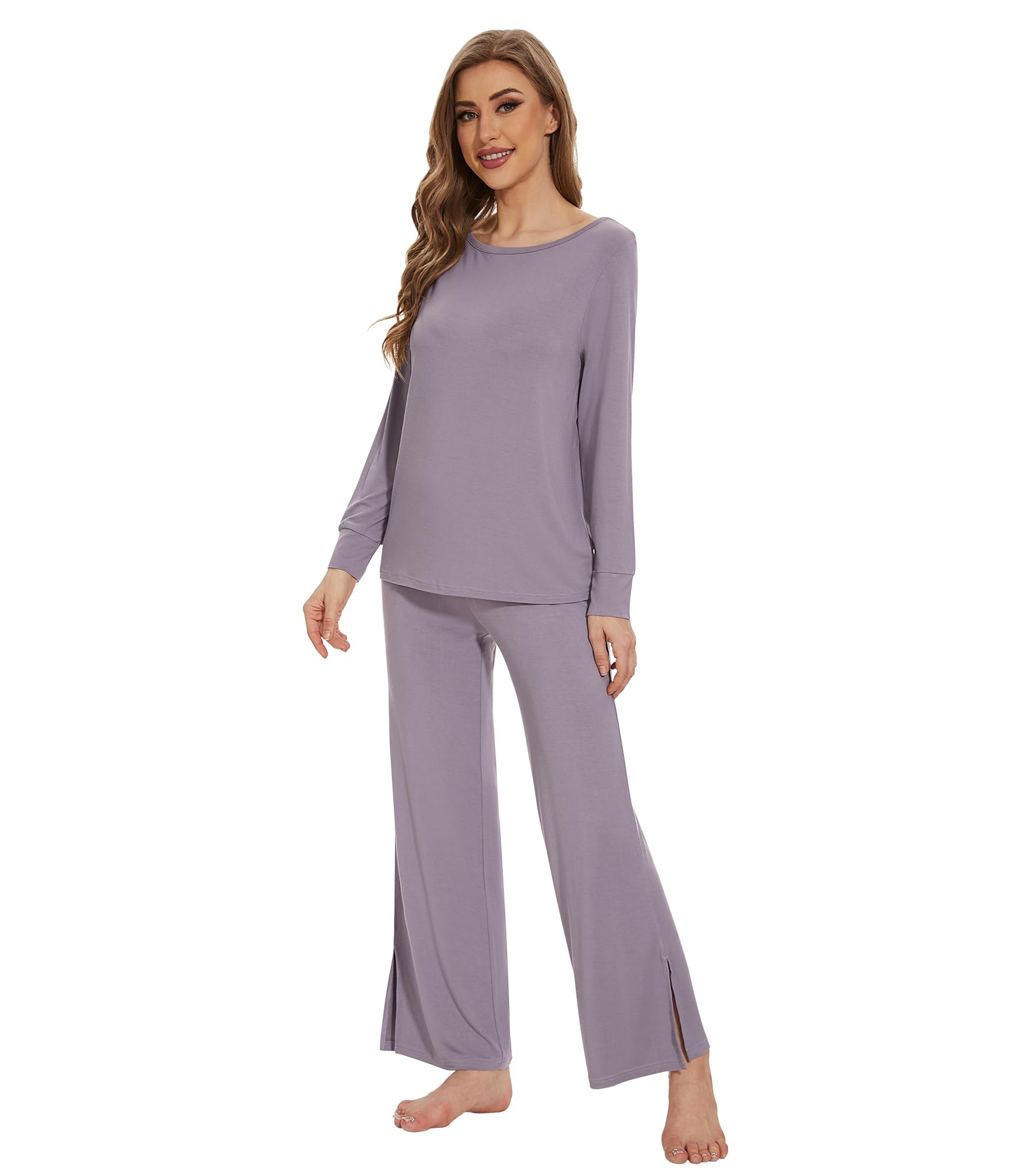 WiWi Women's Bamboo Viscose Pajama Set - Long Sleeve Lounge Set With Side Slit Pants, S-XXL